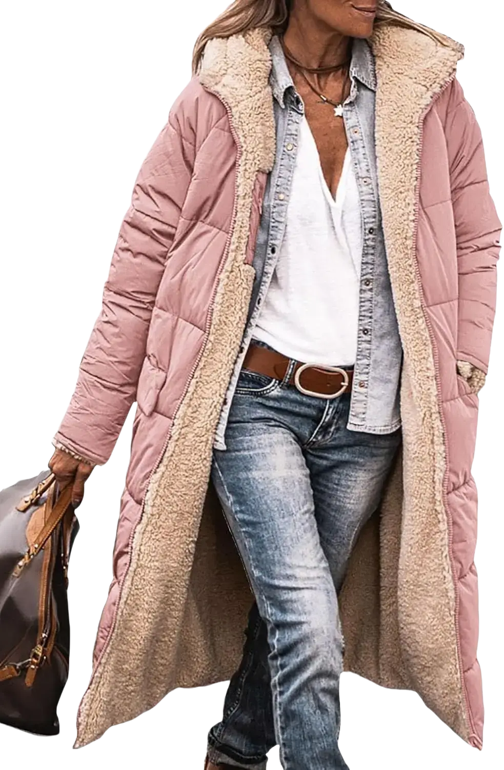 Women’s pink quilted winter coat with plush beige shearling-lined hood and cuffs for cold weather wear