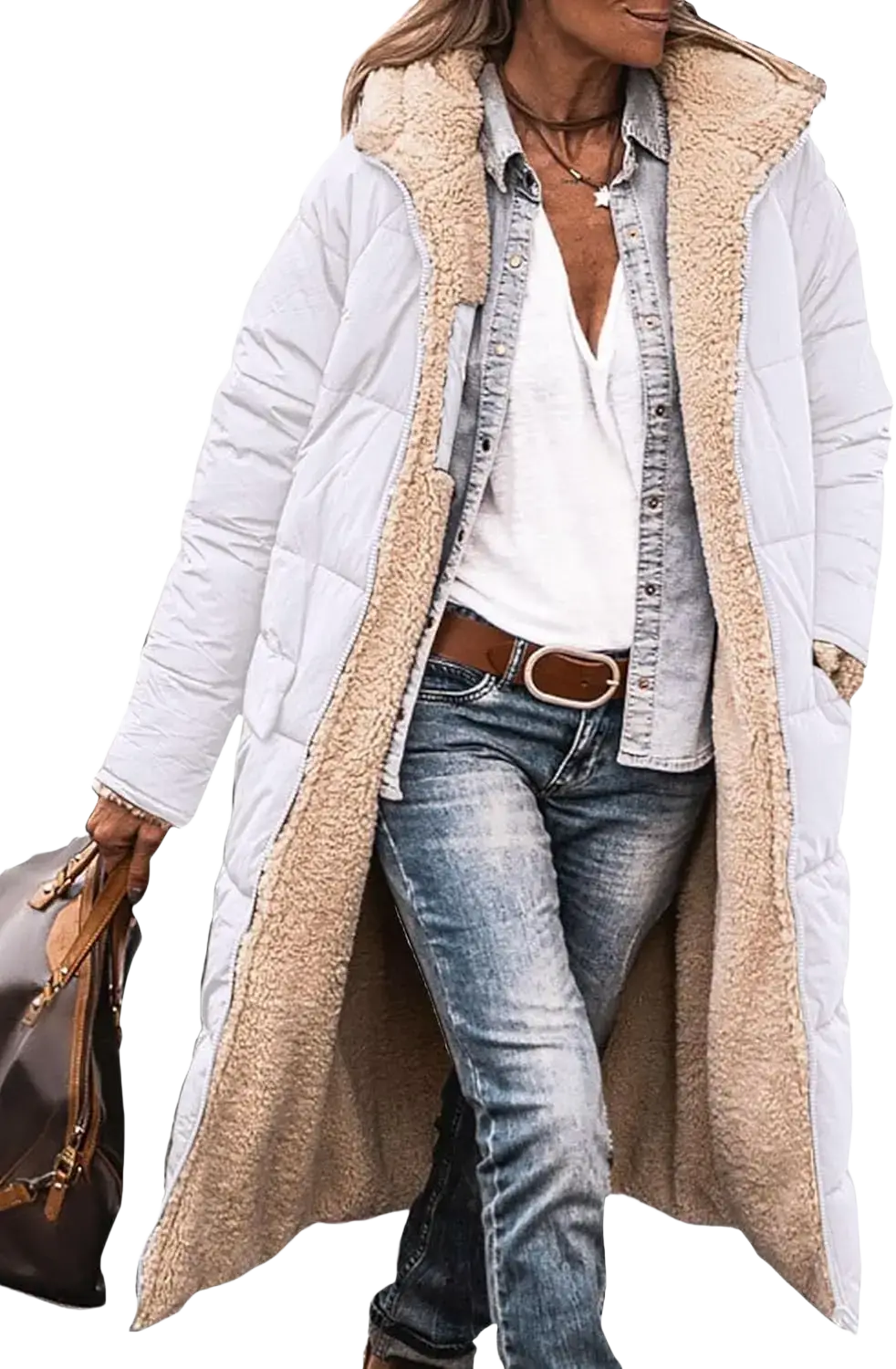 White quilted women’s shearling fleece winter coat with tan shearling-lined hood and cuffs for cold weather use
