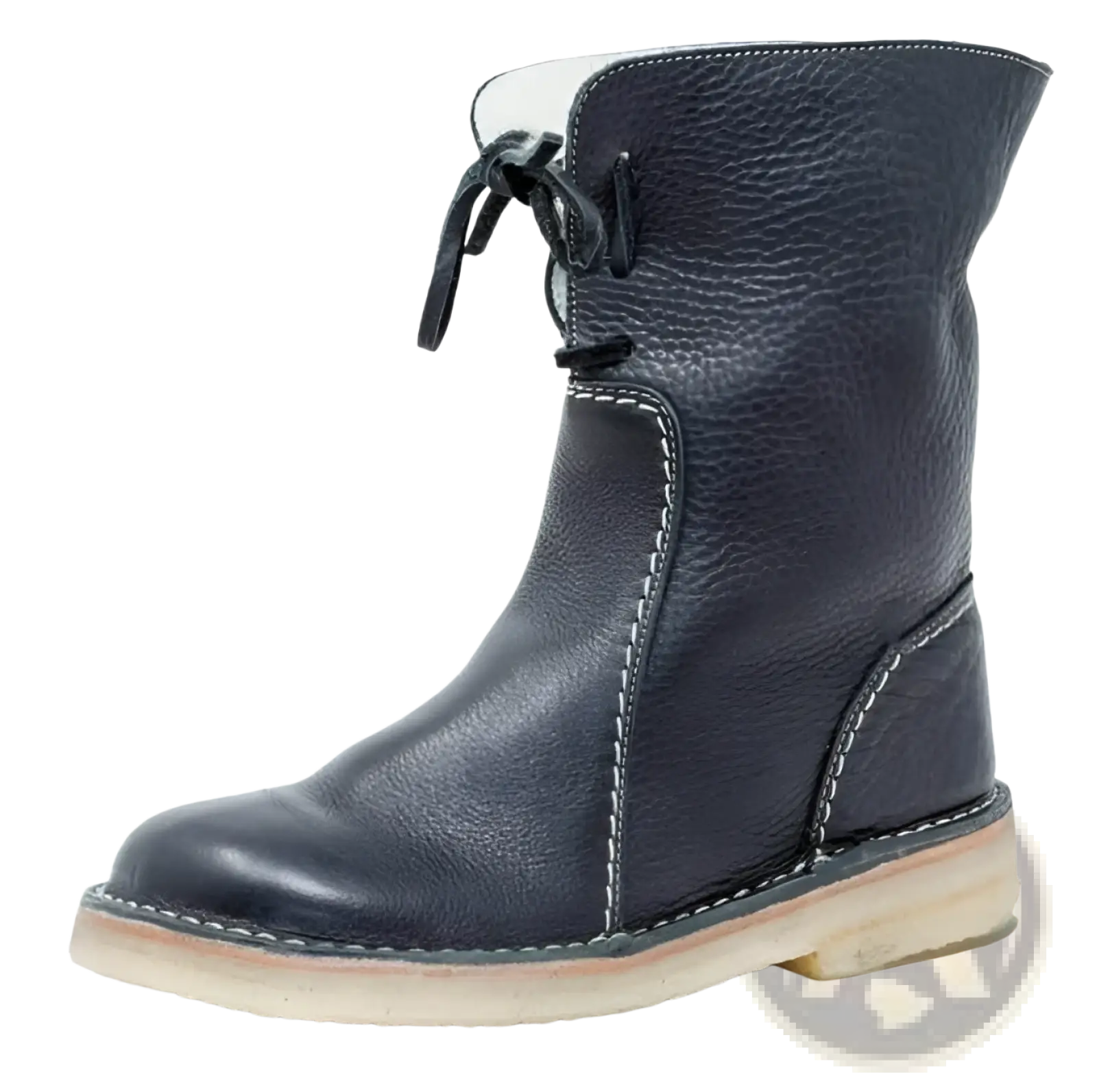 Dark blue leather women’s shearling lined martin ankle boot with white stitching and black laces