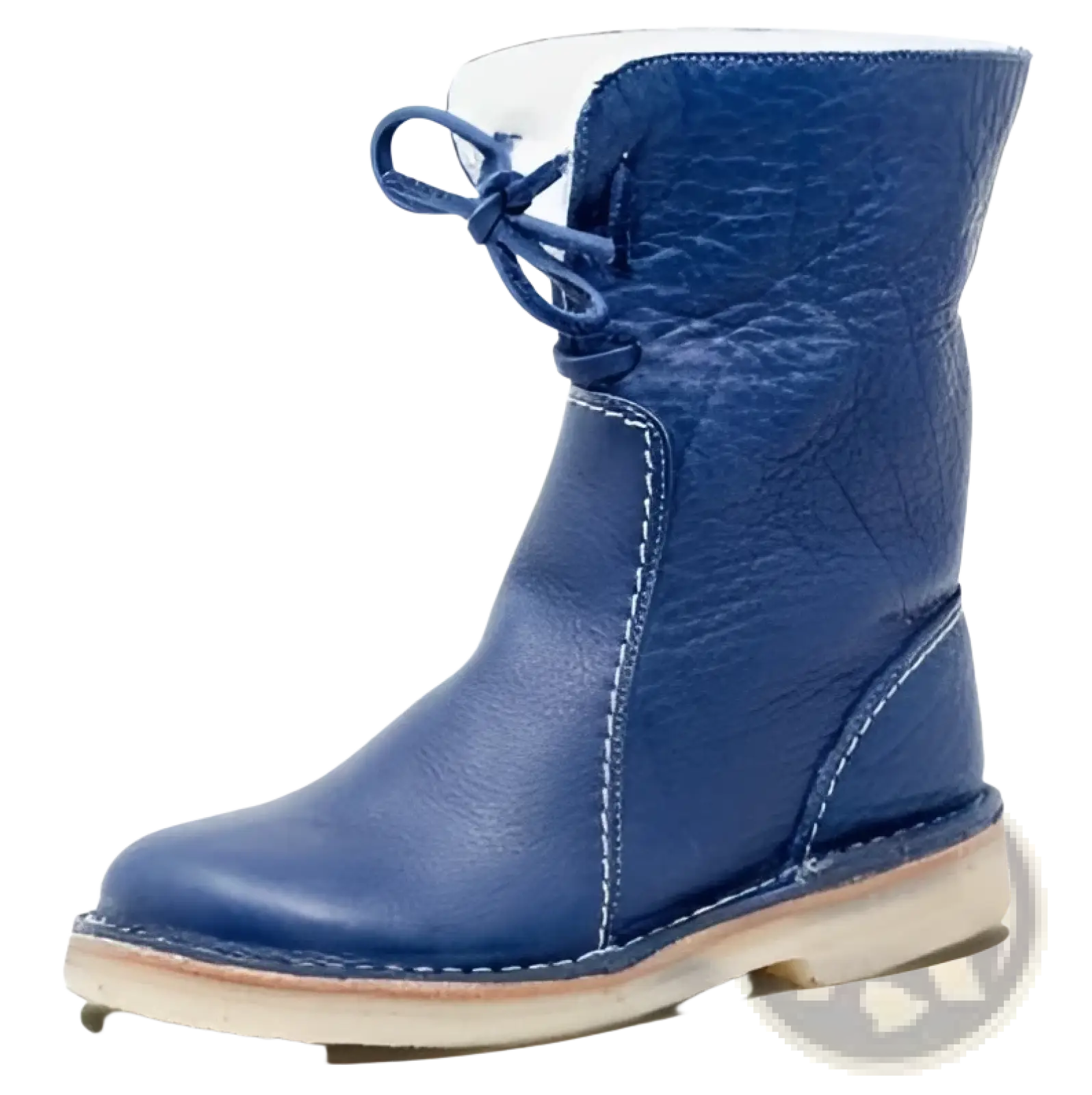 Women’s shearling lined blue leather ankle boot with white laces and light-colored sole