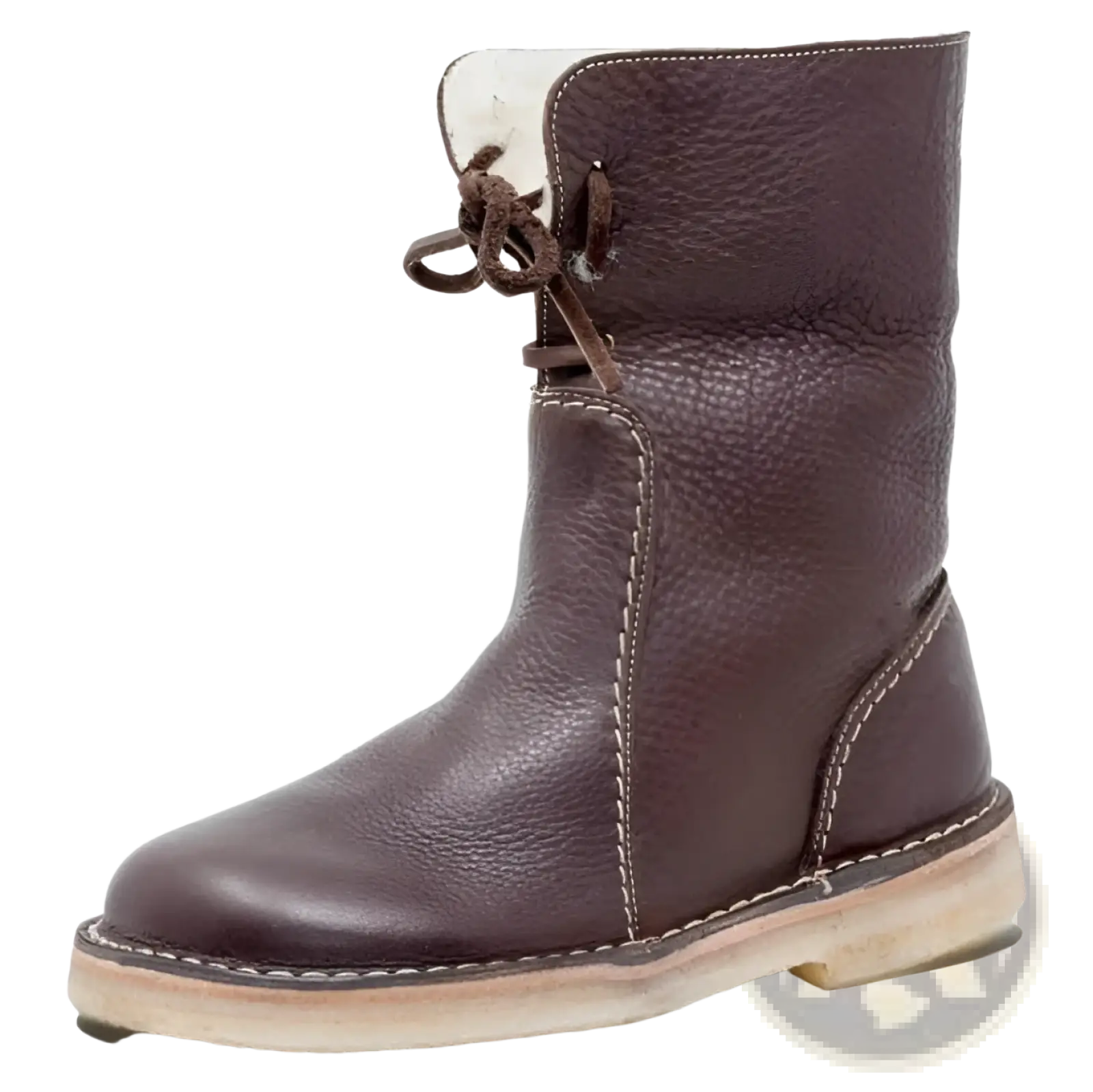 Women’s shearling lined leather martin boots in brown with textured surface white stitching and light rubber sole