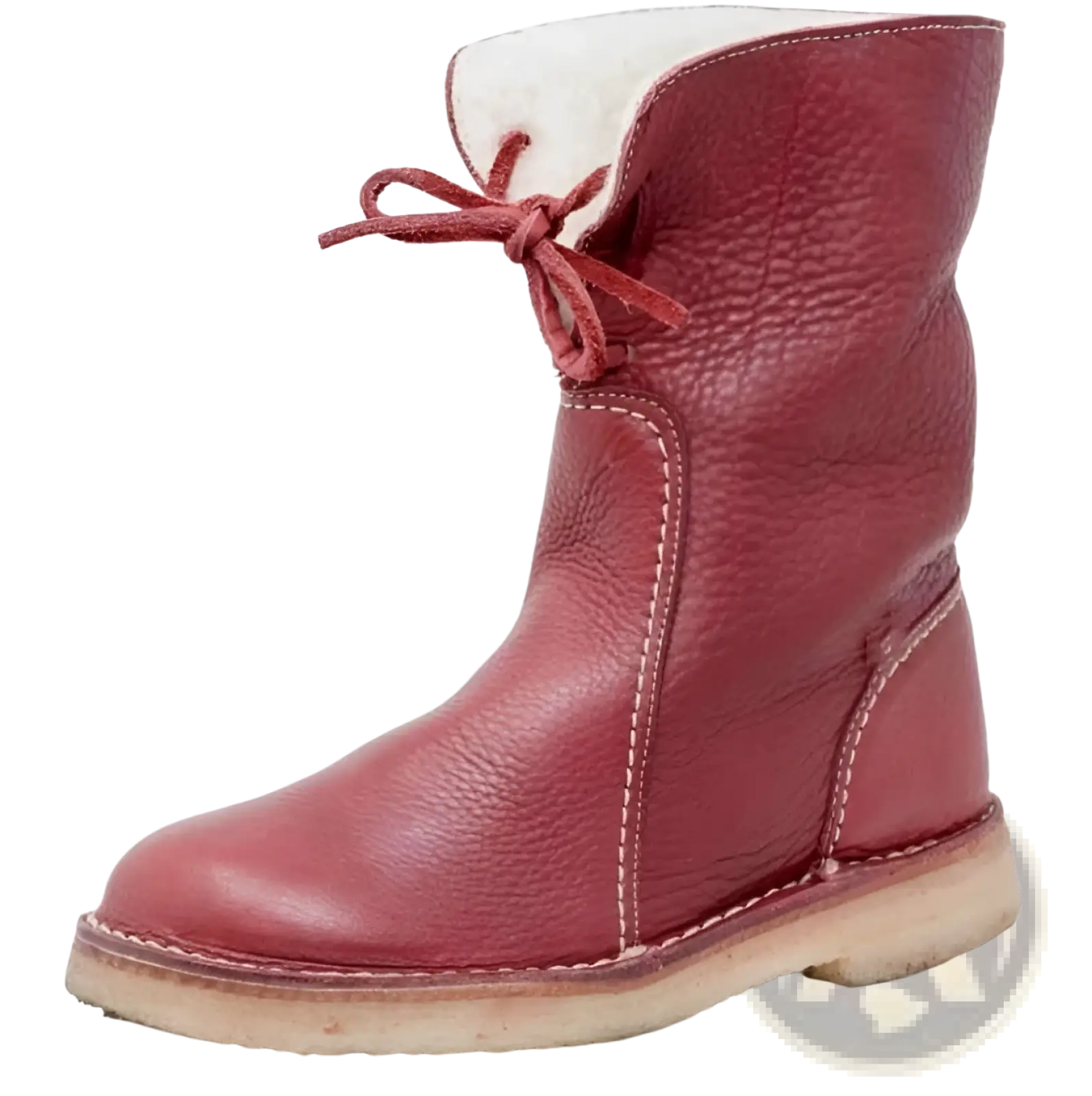 Red leather women’s martin ankle boot with white shearling lining and matching laces for cold weather wear