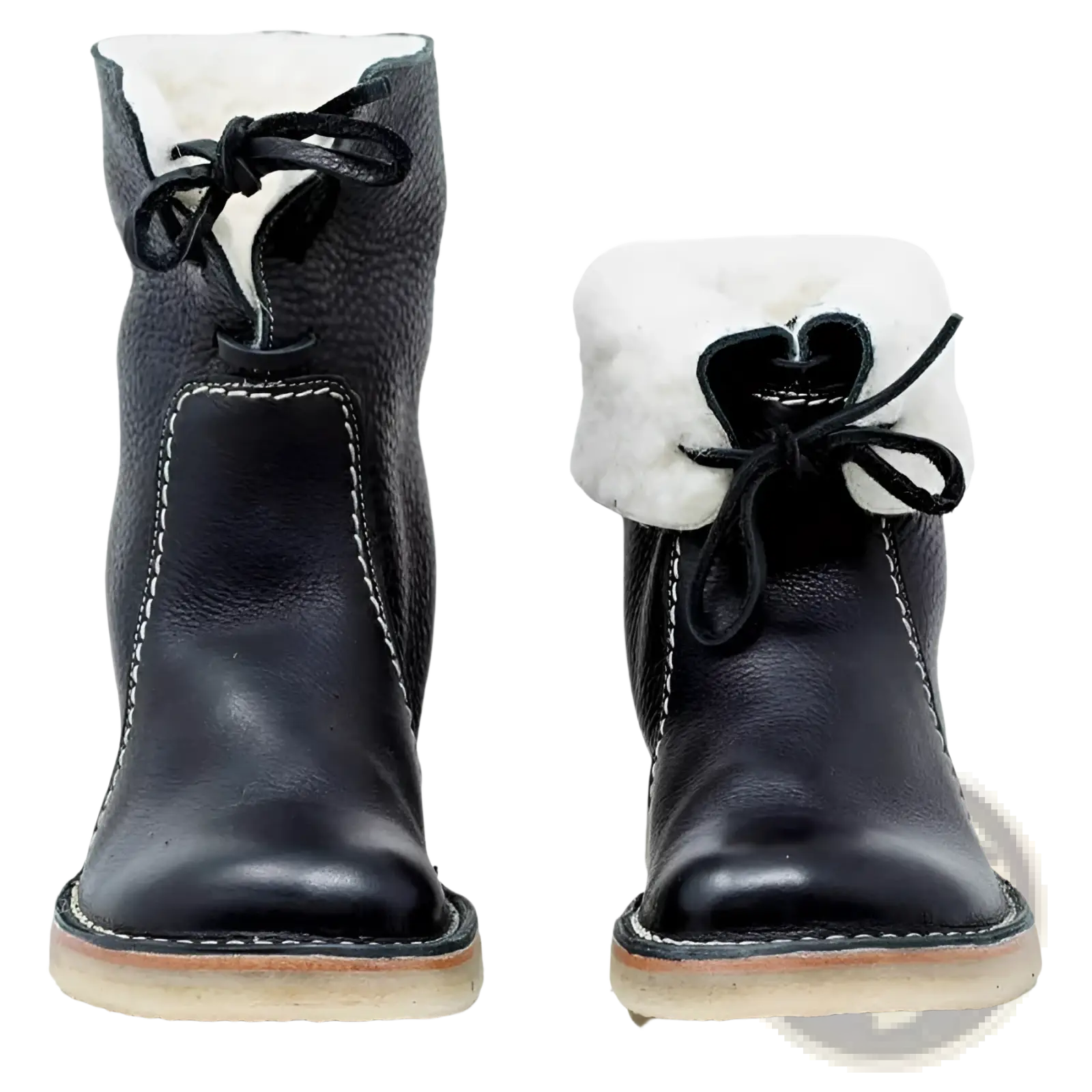 Women’s shearling lined leather martin boots in black with white shearling lining and black laces tied in bows