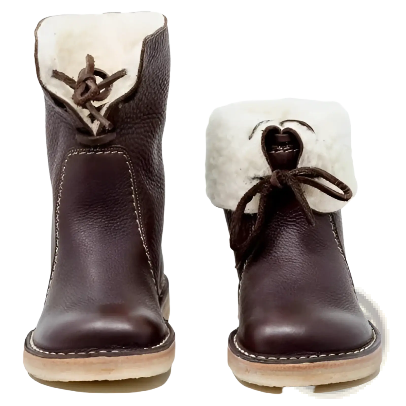 Brown leather women’s martin boots with white shearling lining and brown laces for warmth and style
