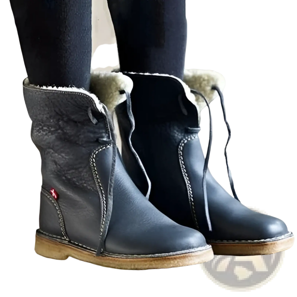 Dark gray leather women’s shearling lined ankle martin boots with beige fluffy lining and light brown rubber sole