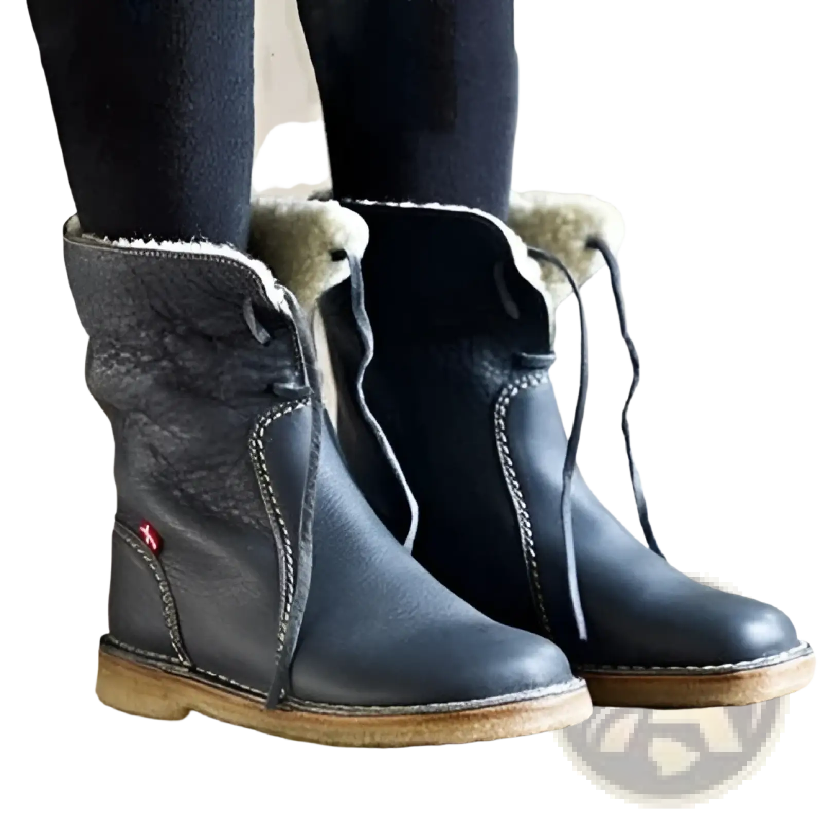 Dark gray leather women’s shearling lined ankle martin boots with beige fluffy lining and light brown rubber sole