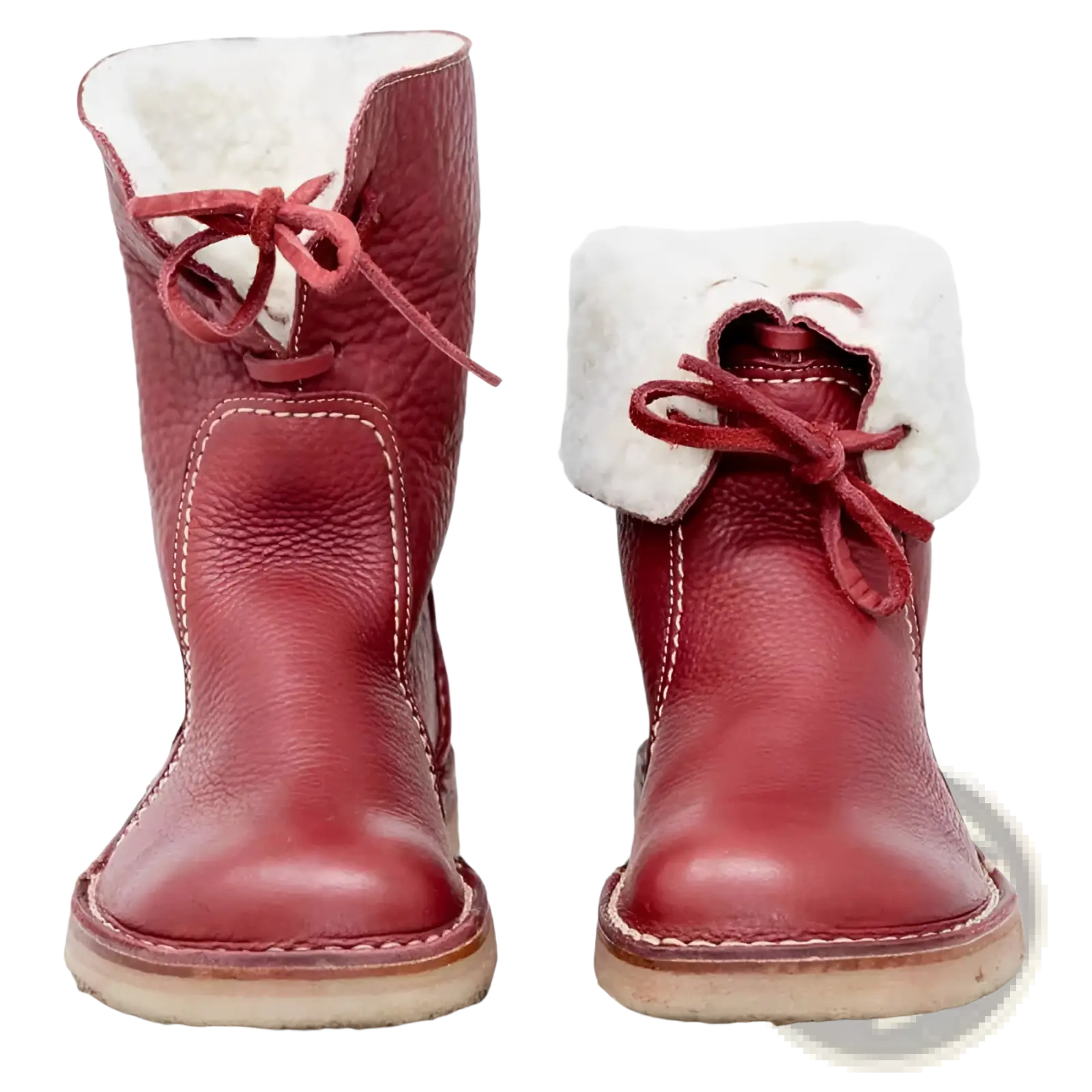 Women’s red leather Martin boots with white shearling lining and matching red laces for winter wear