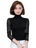 Women’s black sheer mesh turtleneck long sleeve blouse featuring sheer mesh sleeves and a high neck design