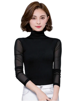 Women’s black sheer mesh turtleneck long sleeve blouse featuring sheer mesh sleeves and a high neck design