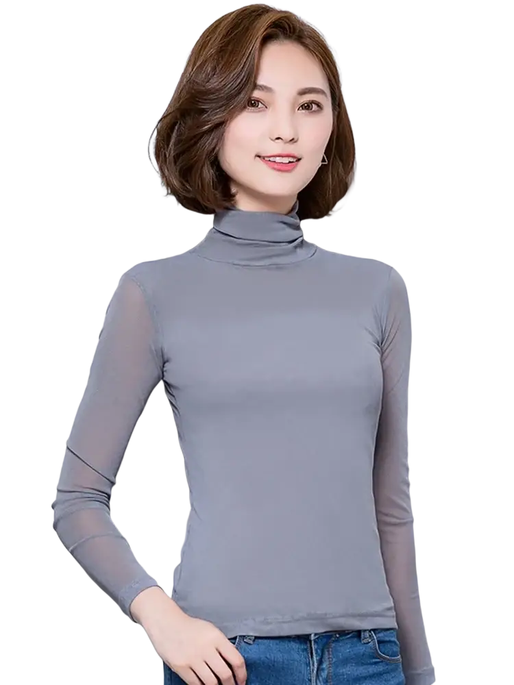 Women’s sheer mesh turtleneck blouse in gray with long sheer sleeves made of lightweight mesh material
