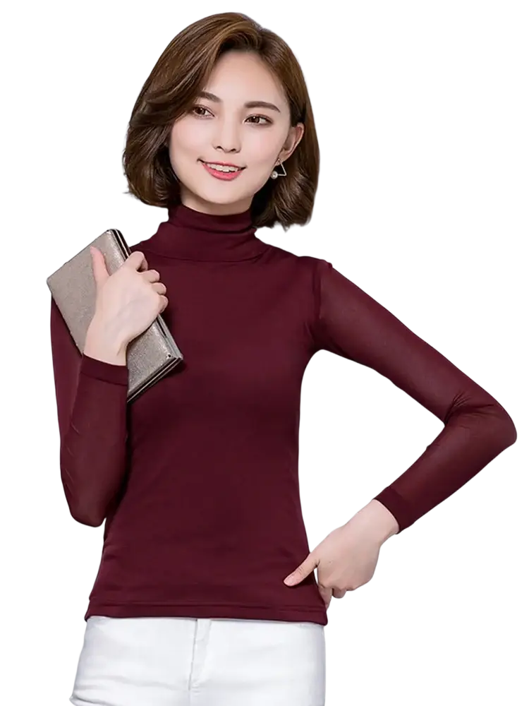 A maroon womens sheer mesh turtleneck long sleeve blouse with high neck and sheer mesh sleeves