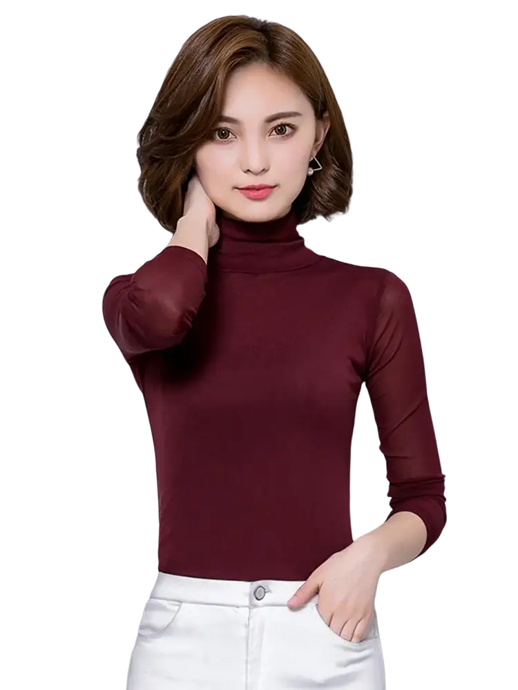 Women’s sheer mesh turtleneck long sleeve blouse in maroon with a high neck and sheer mesh overlay