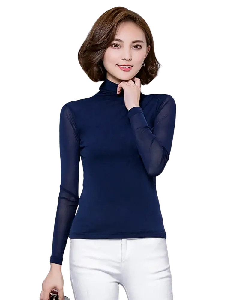 Navy blue women’s sheer mesh turtleneck blouse with long sleeves featuring sheer mesh material for elegance