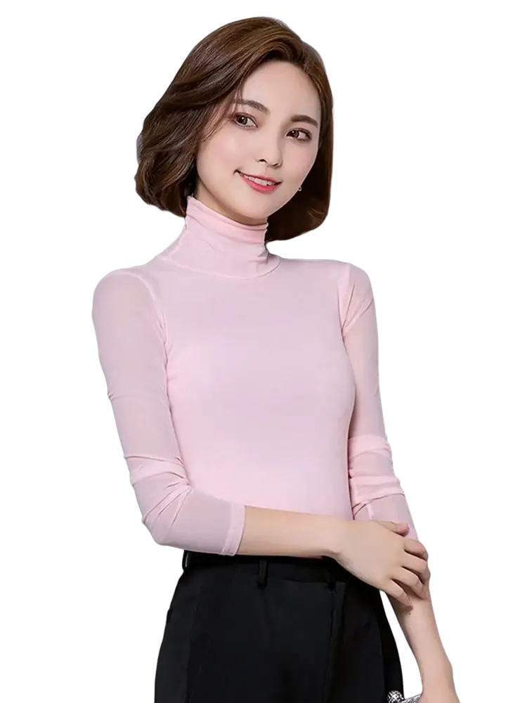 Women’s sheer mesh turtleneck long sleeve blouse in soft pink with sheer mesh overlay on the arms