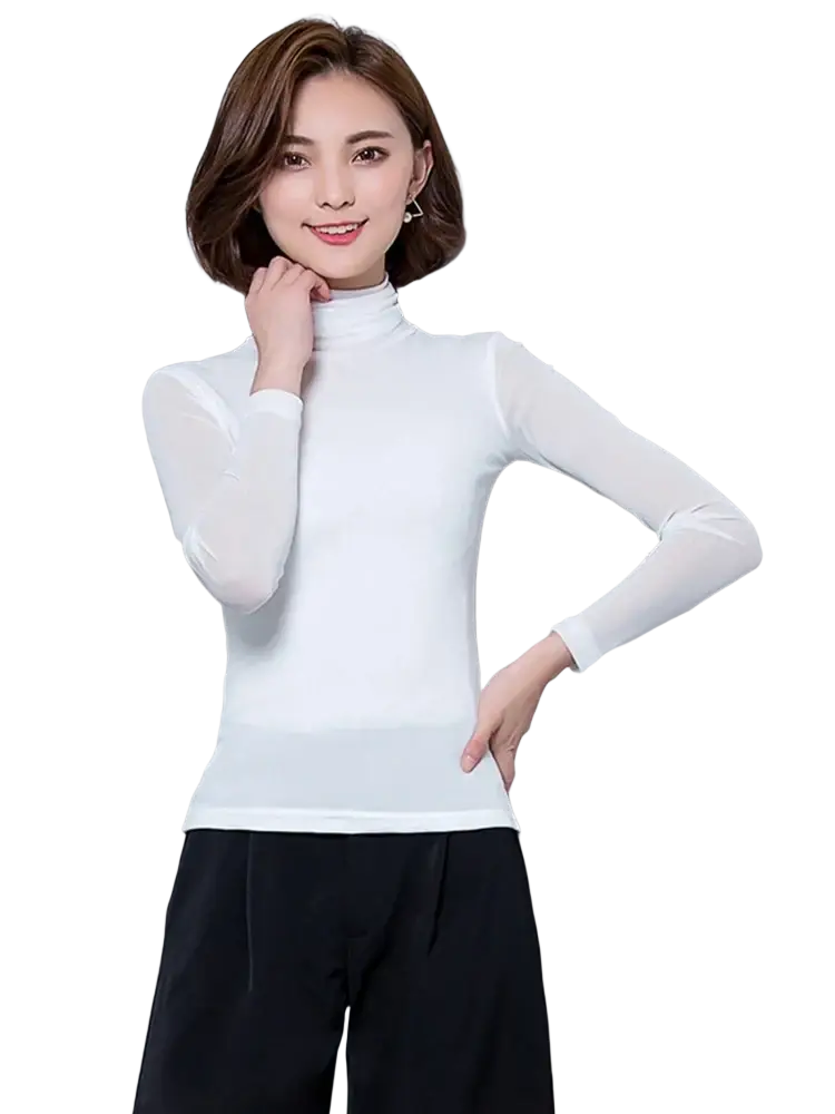 White women’s sheer mesh turtleneck long sleeve blouse made of lightweight fabric with a high-neck design