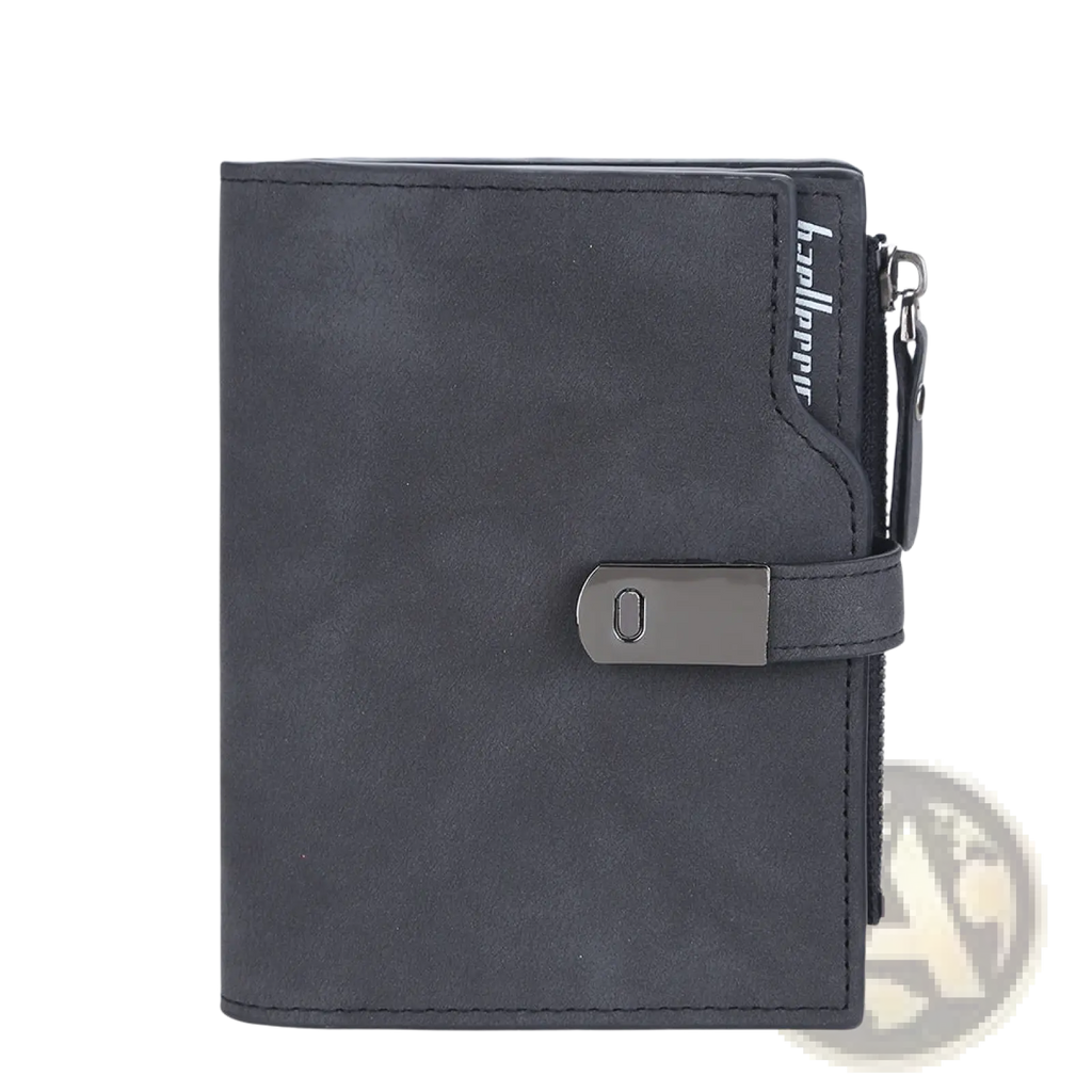 Dark gray women’s short faux leather wallet with metallic clasp and zipper pull featuring multiple slots