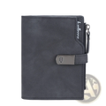 Dark gray women’s short faux leather wallet with metallic clasp and zipper pull featuring multiple slots