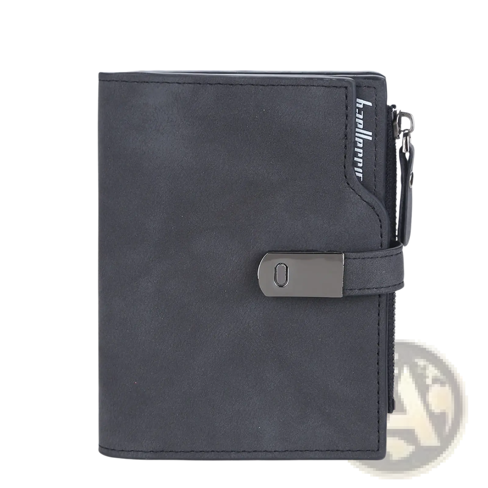 Dark gray women’s short faux leather wallet with metallic clasp and zipper pull featuring multiple slots