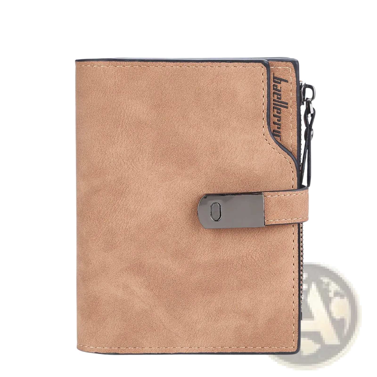 Tan faux leather women’s short wallet with black zipper and metal clasp featuring multiple card slots