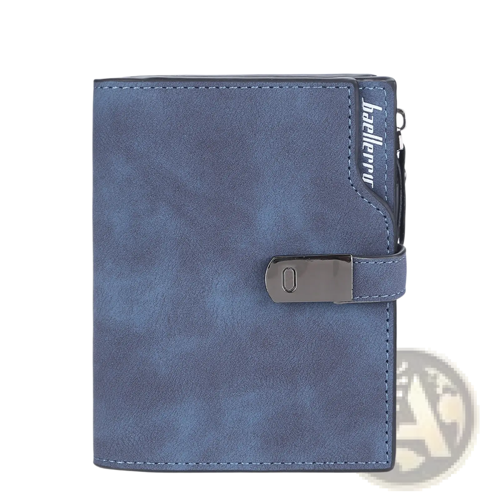 Women’s short blue faux leather wallet with metallic clasp and zipper pull branded bailierpu for multi slot use