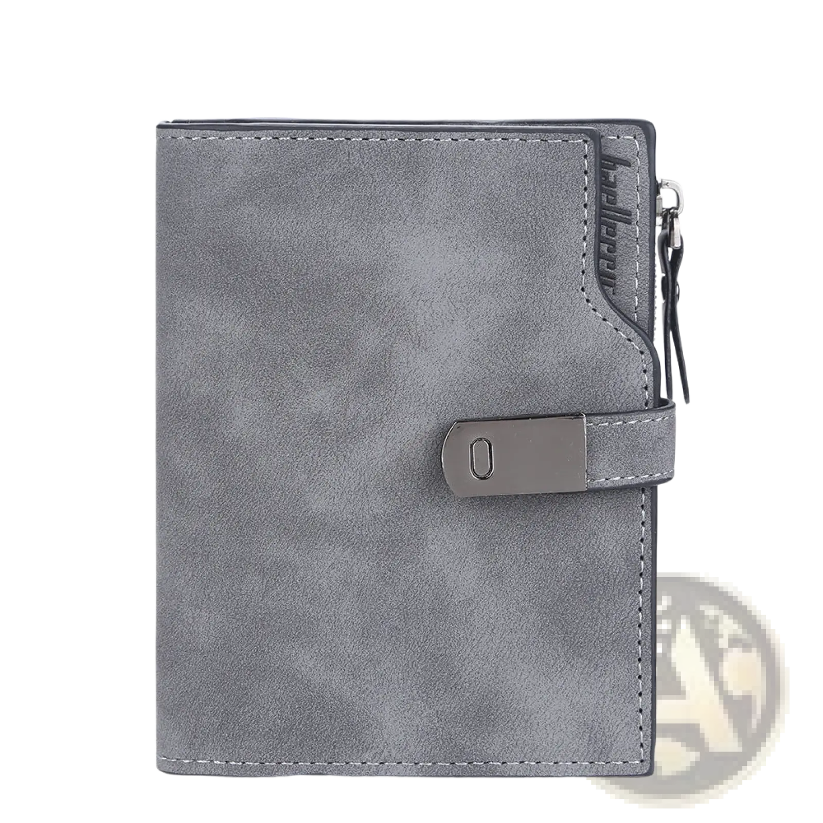 Gray textured women’s short faux leather wallet with metallic clasp and zipper closure featuring multiple card slots
