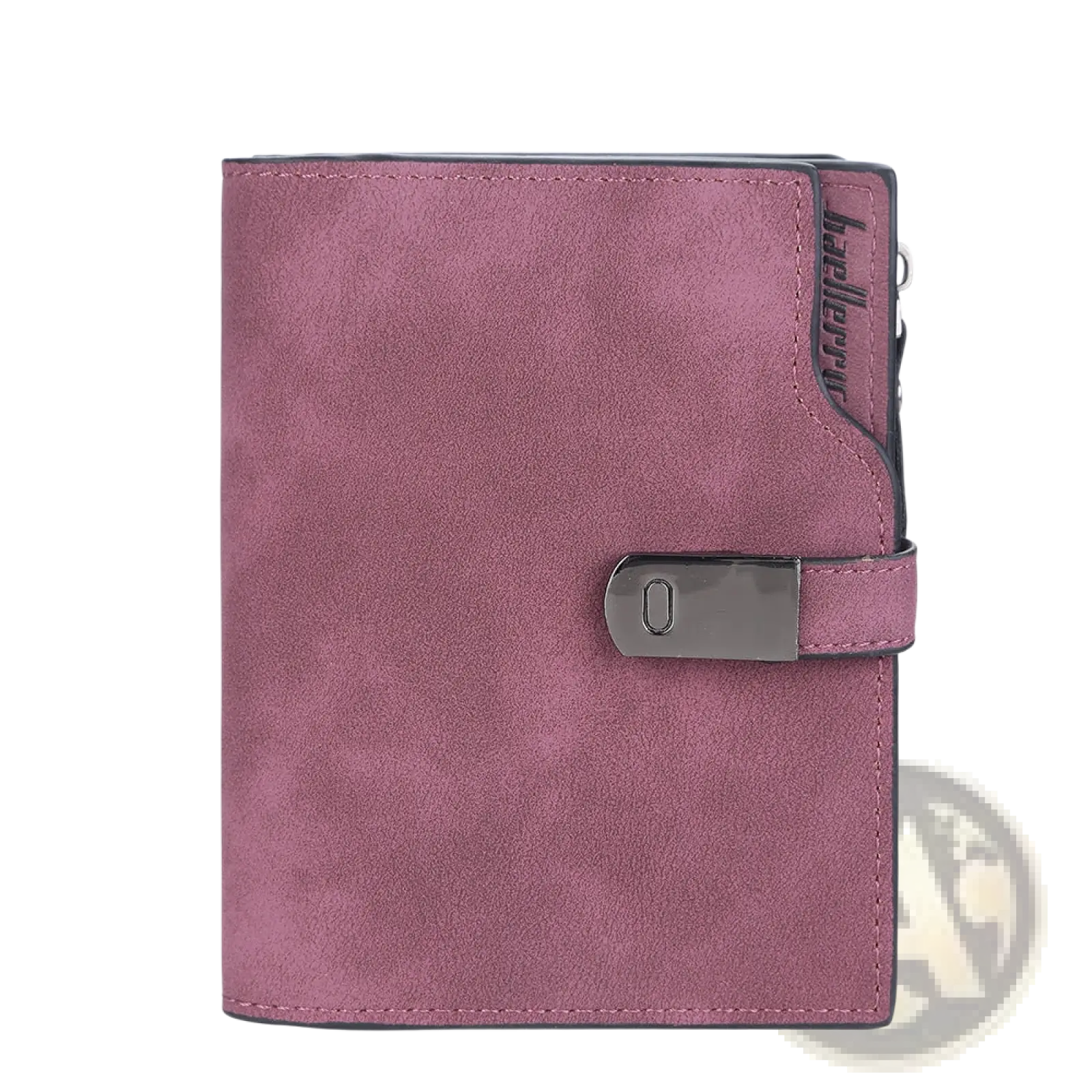 Women’s short faux leather wallet in purple suede with metallic clasp and black stitching for multiple card slots