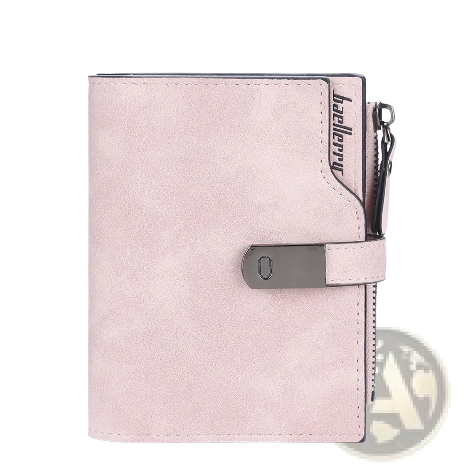 Women’s short faux leather pink suede wallet with silver-toned metal clasp and zipper pull for multiple card slots