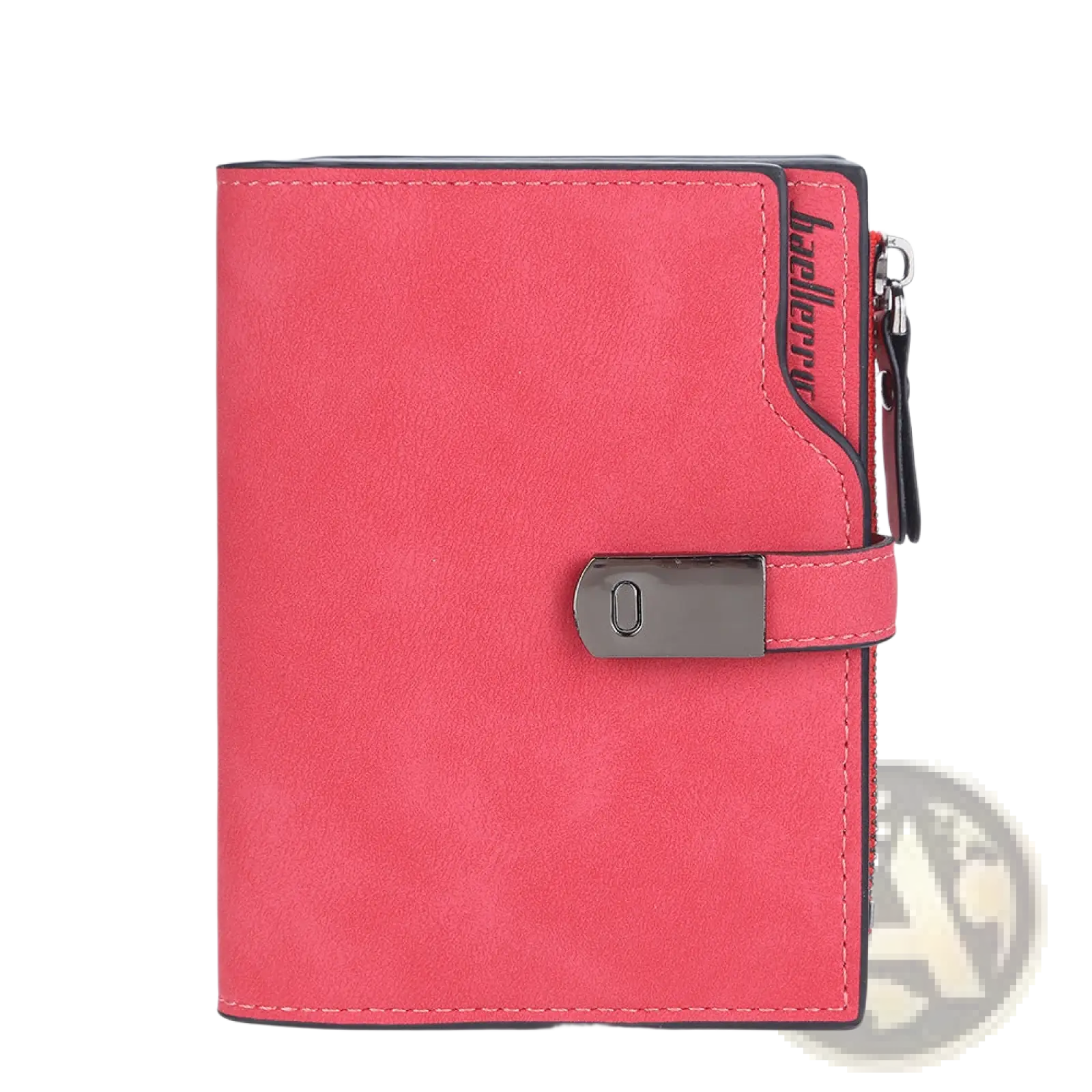 A women’s short coral faux leather wallet with textured finish, silver clasp, and black zipper accents