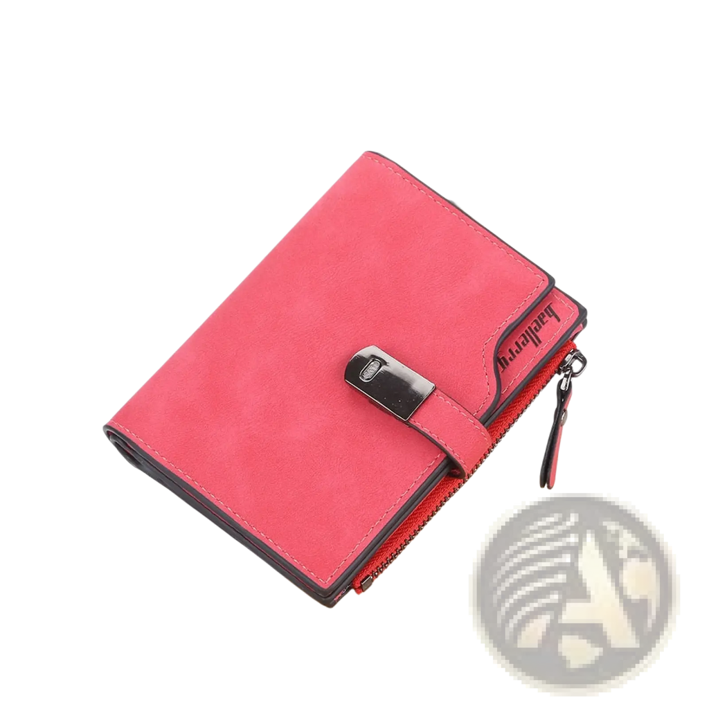 A vibrant red women’s short faux leather multi slot wallet with textured finish black metal clasp and matching zipper pull
