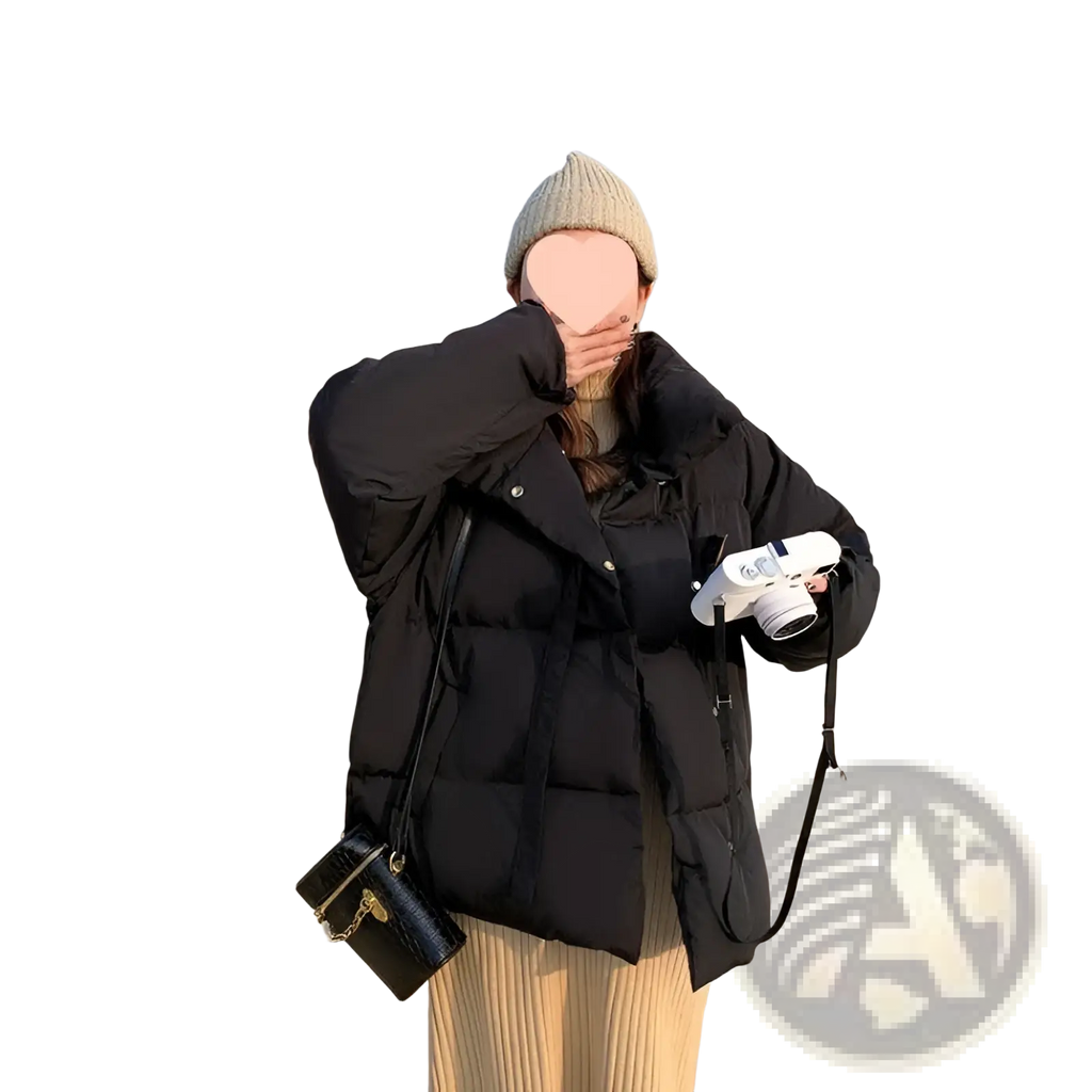 Black quilted down puffer jacket for women with hood and front zipper closure in a short Korean style design