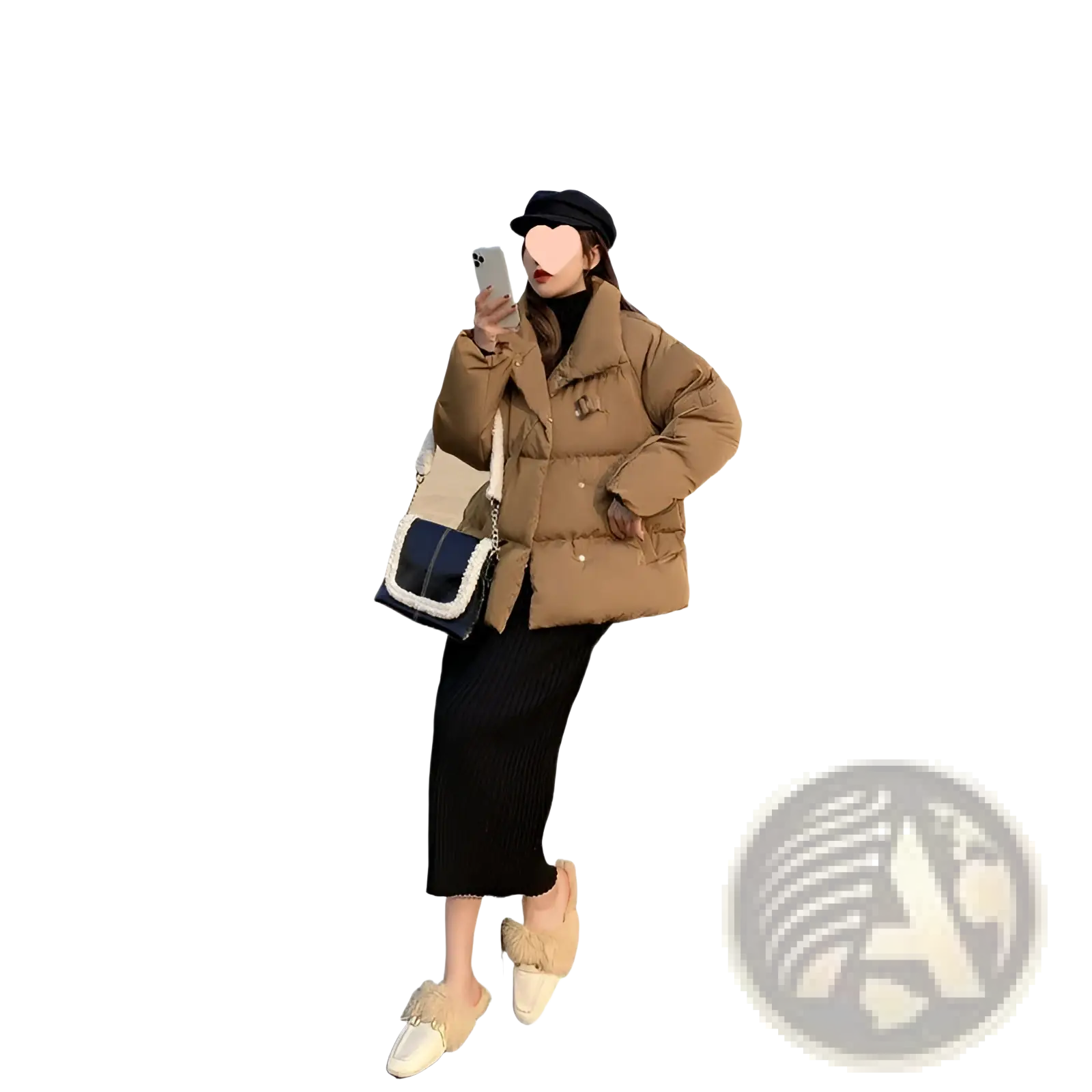 Beige women’s short Korean down puffer jacket with quilted design and gold-tone buttons in a warm style