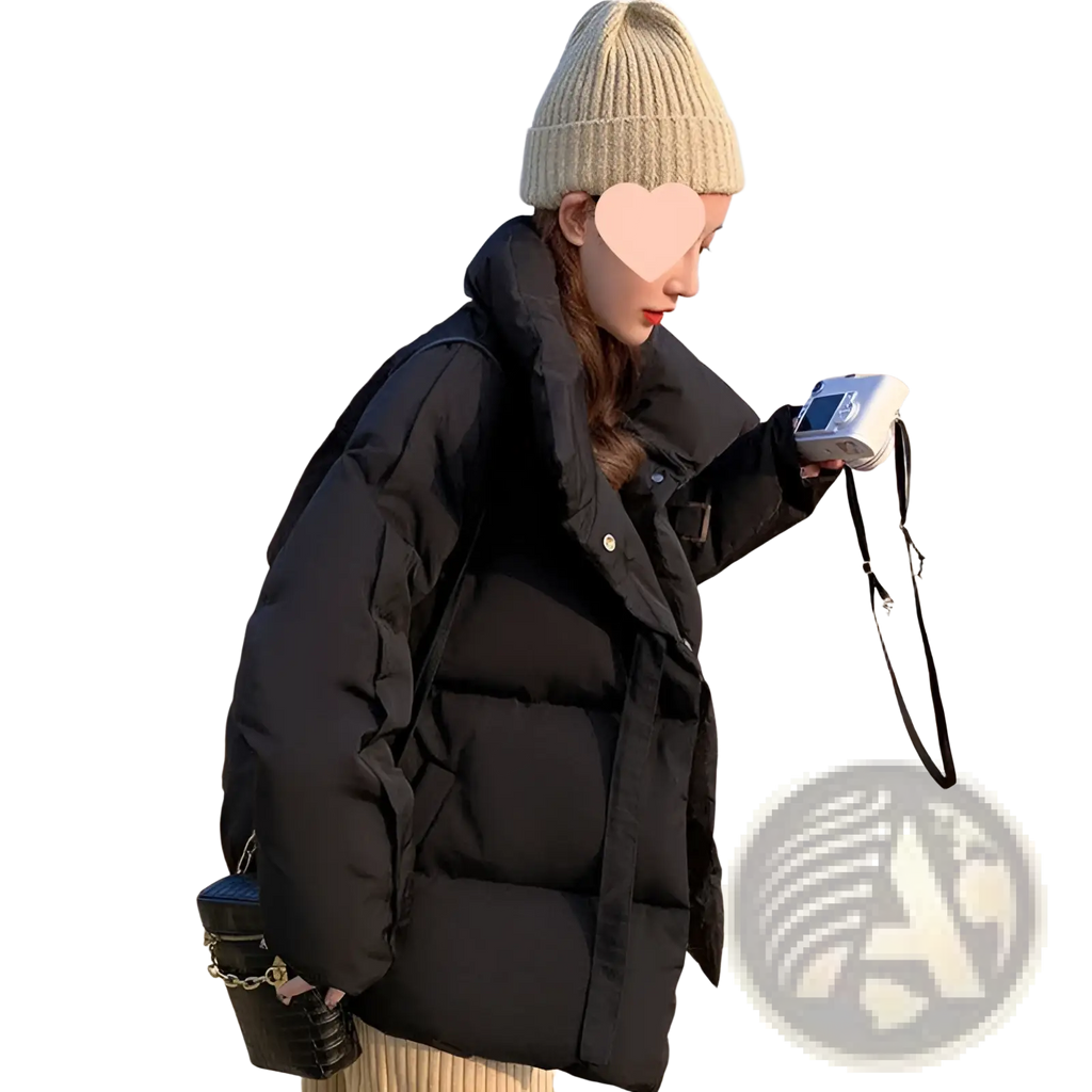 Women’s short korean down puffer jacket in black with quilted design and high collar shown from the back side