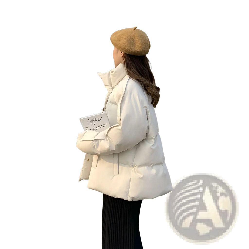 Cream-colored short Korean down puffer jacket with quilting high collar and front zipper for women