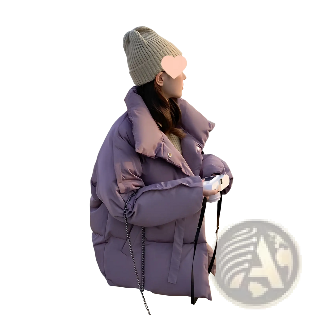 A plush lavender women’s short Korean down puffer jacket with quilted design and high collar