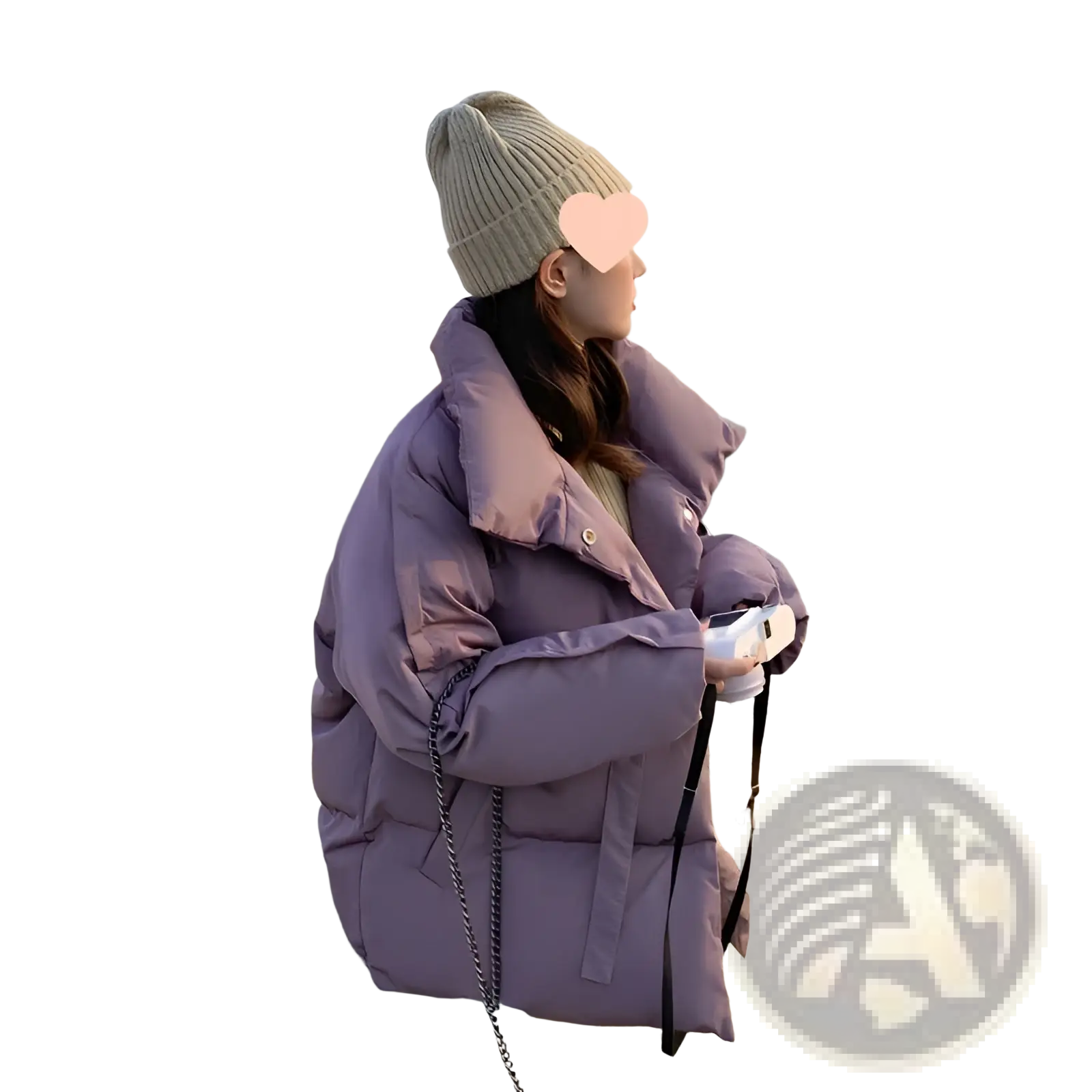 A plush lavender women’s short Korean down puffer jacket with quilted design and high collar