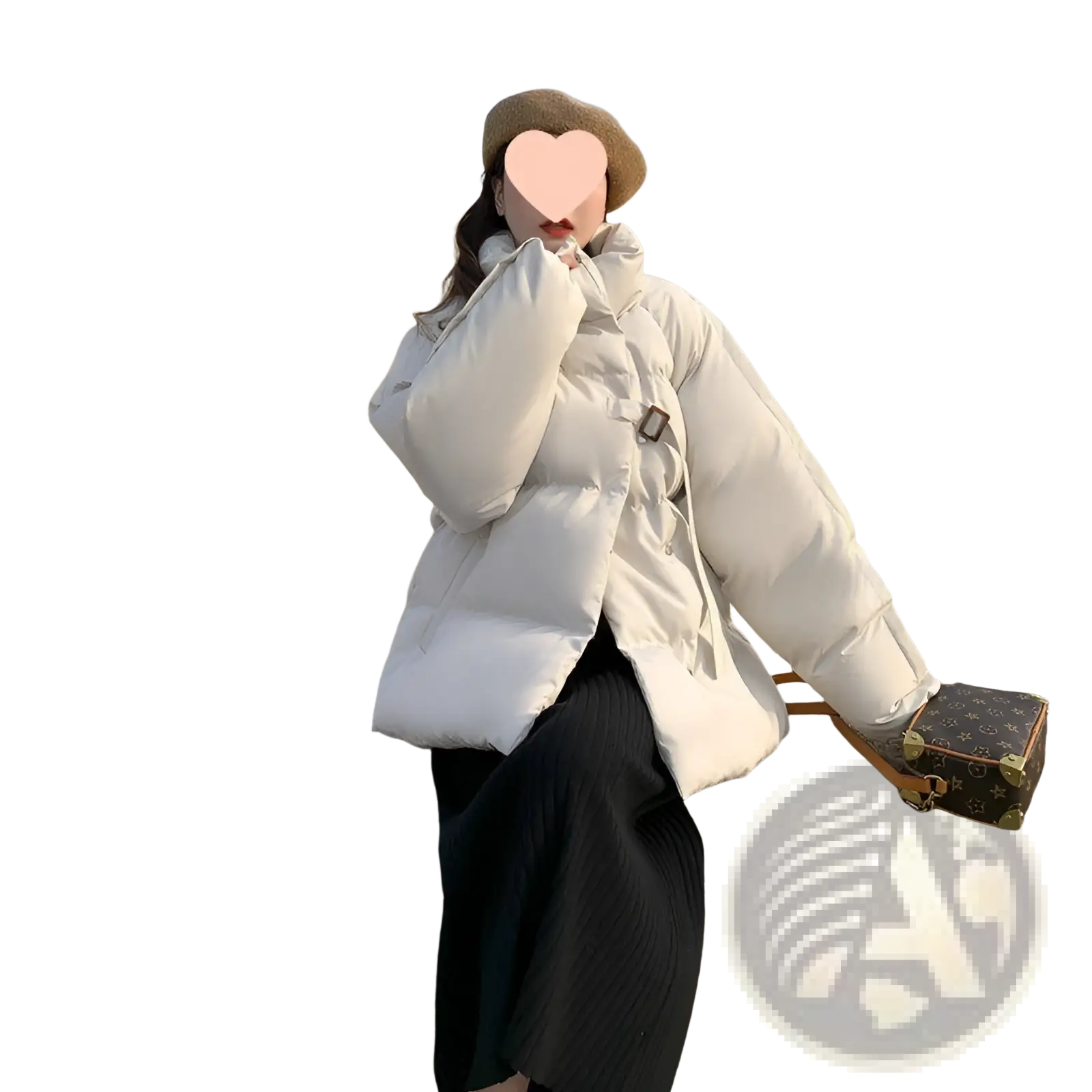 Off-white women’s short Korean down puffer jacket with quilted design and adjustable strap detail