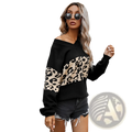 Women off shoulder sweatshirt in black with tan and black leopard print panel across the chest
