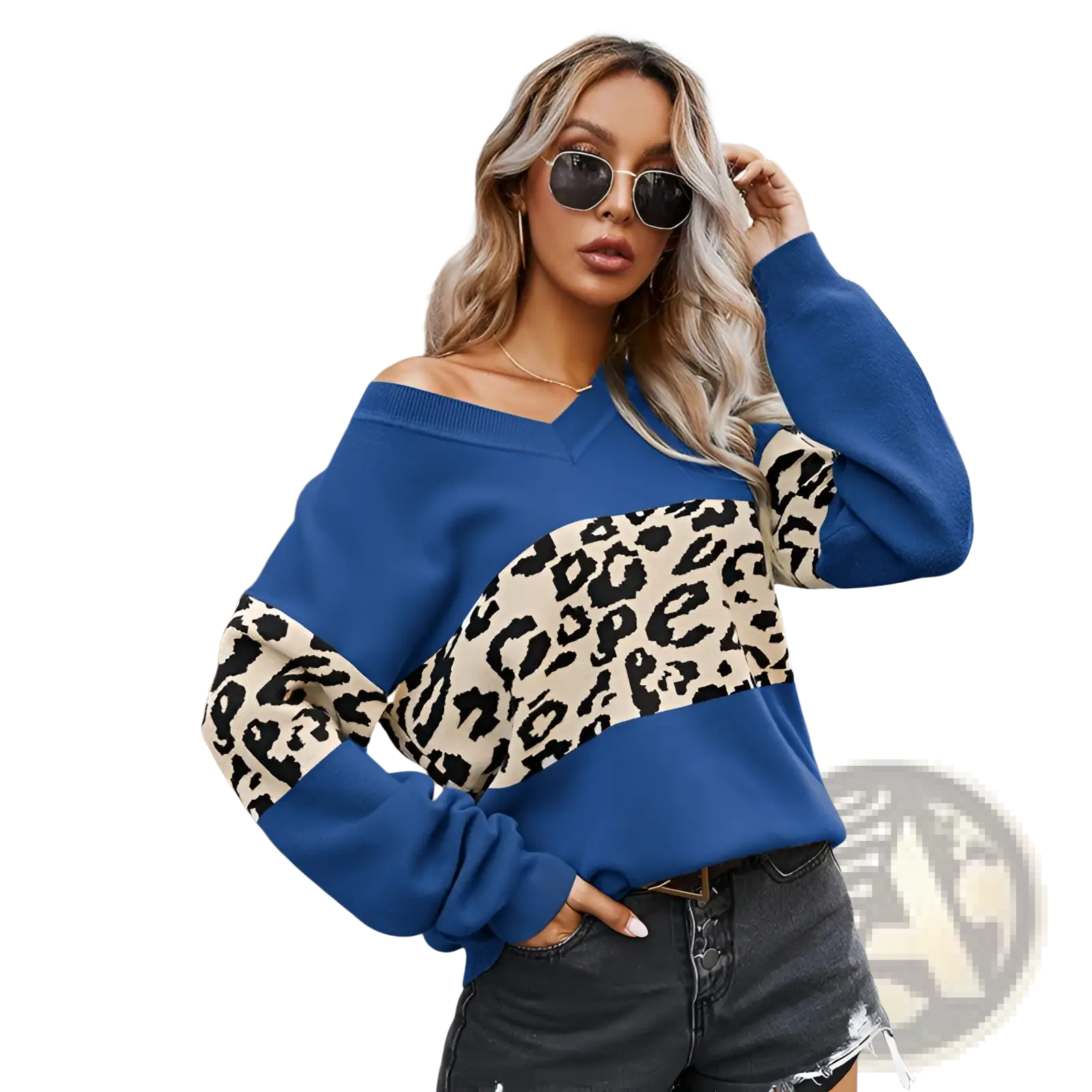 Women’s blue off shoulder sweatshirt with bold leopard print spliced panel on chest and sleeves in soft fabric