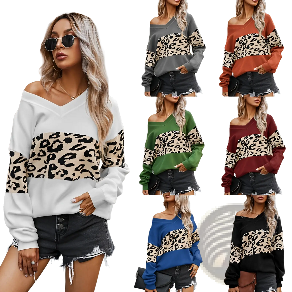Women’s off shoulder leopard print spliced sweatshirt with beige and black v-neck panels and solid sleeves