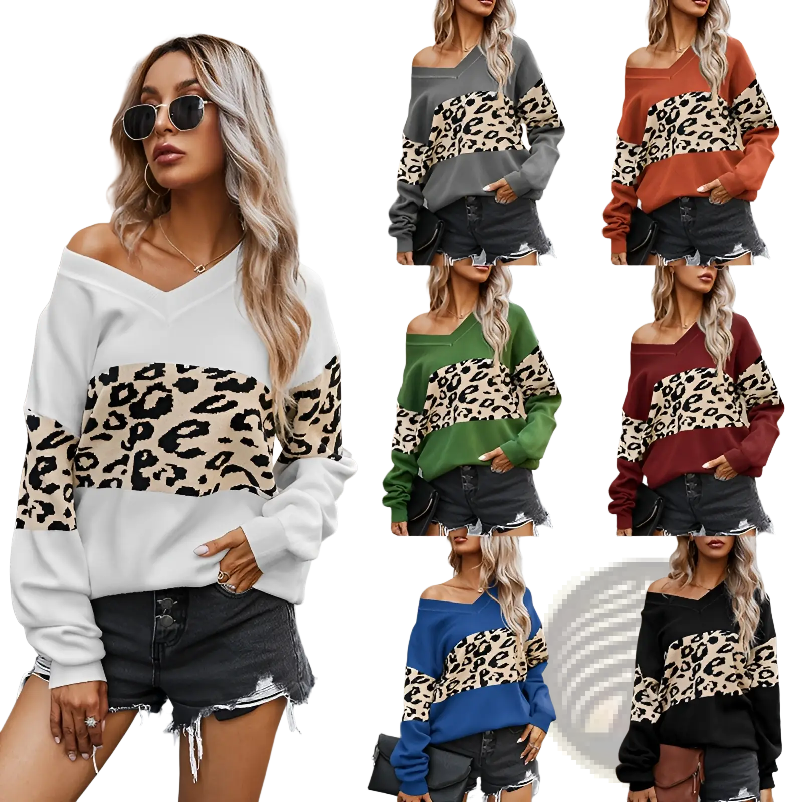 Women’s off shoulder leopard print spliced sweatshirt with beige and black v-neck panels and solid sleeves