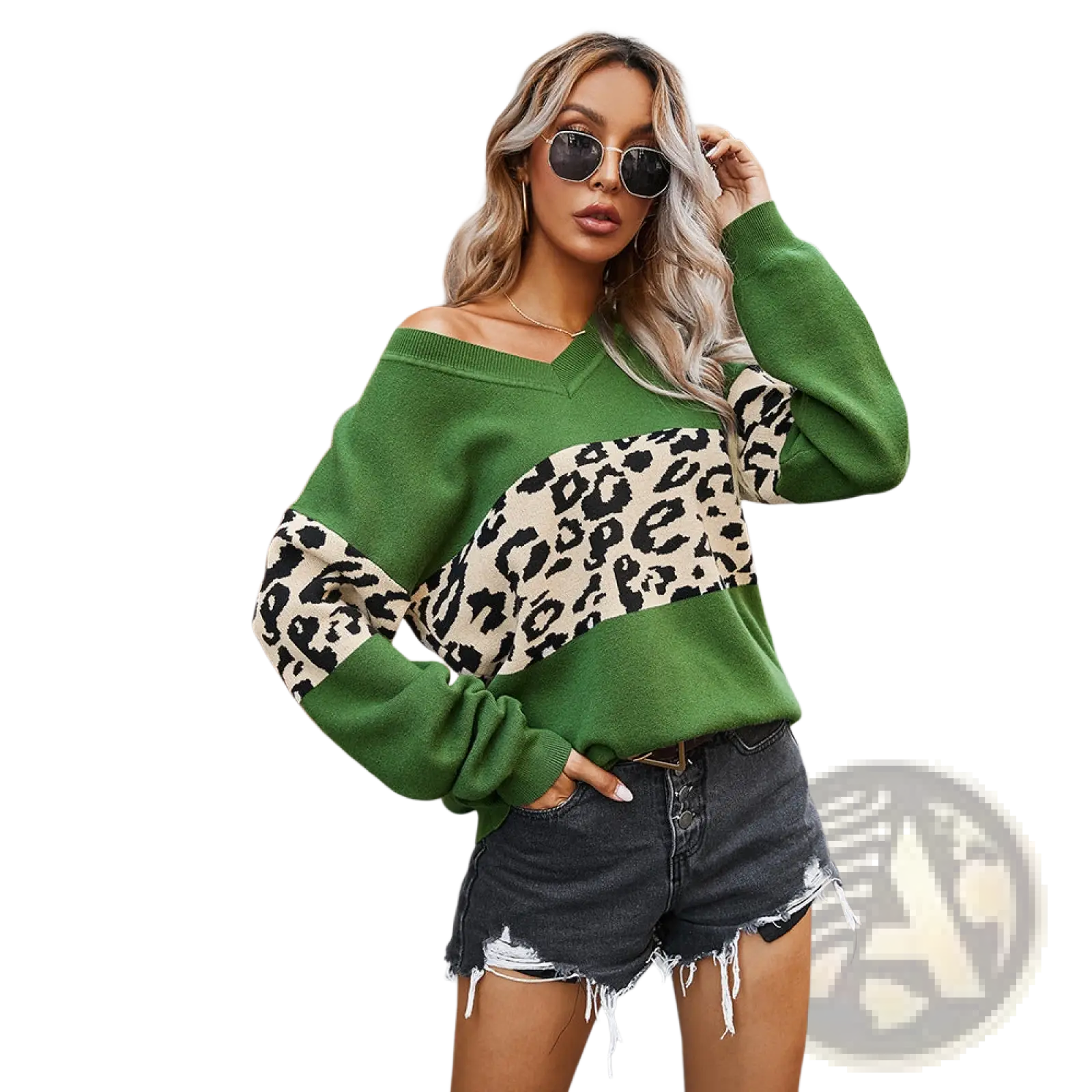 Women’s off shoulder leopard print spliced sweatshirt in green and beige with long sleeves and a cozy knit fabric