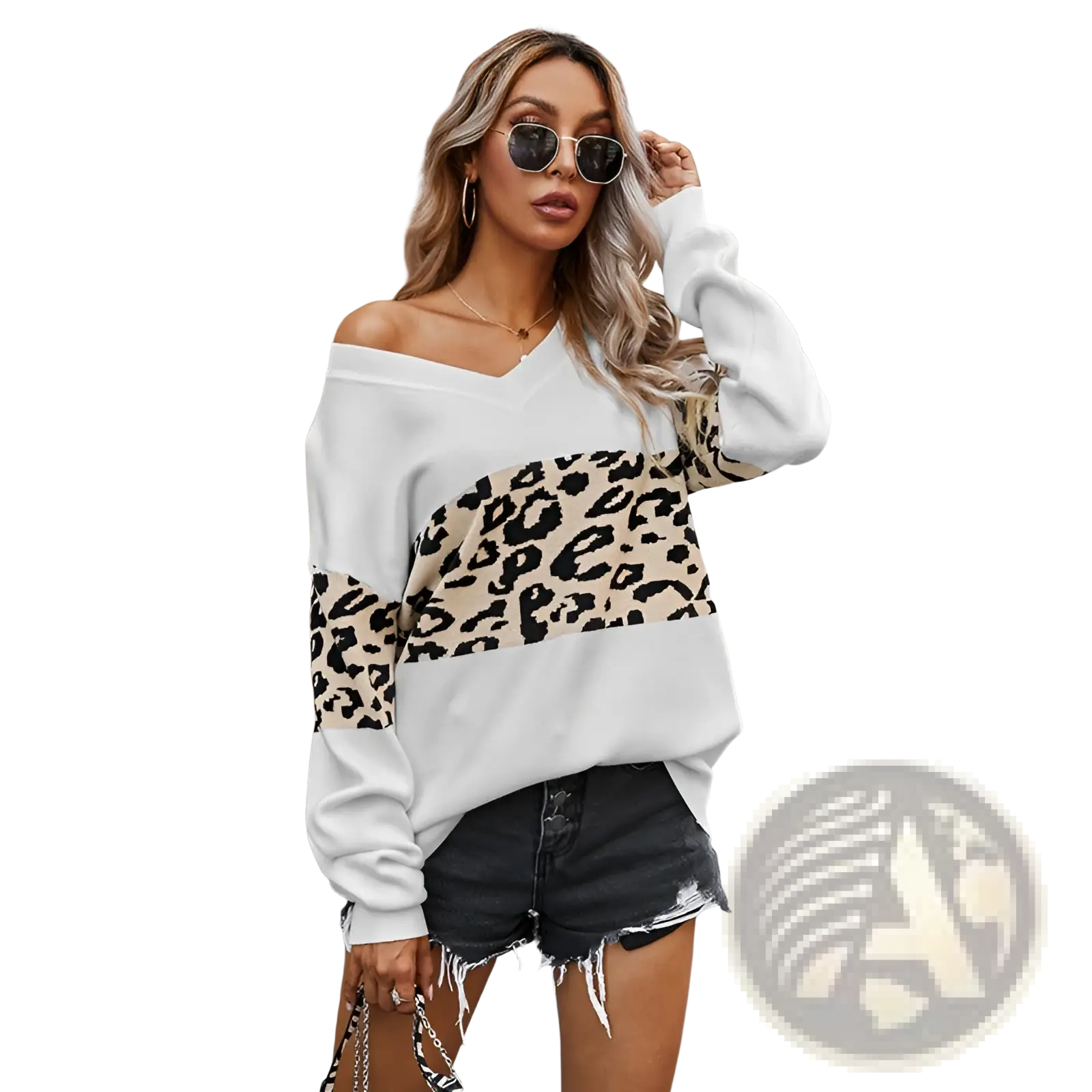 White off-the-shoulder sweatshirt with bold leopard print spliced panel on chest and sleeves for women