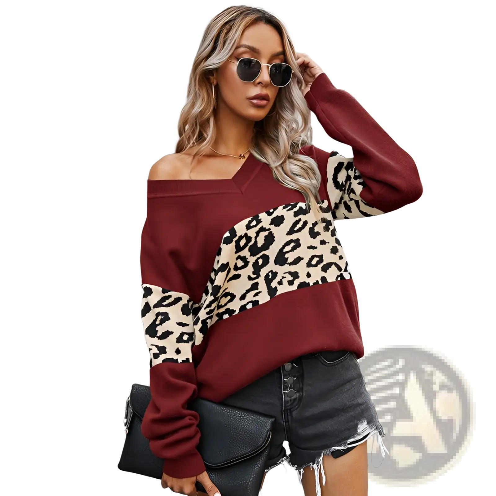 Women’s off shoulder leopard print spliced sweatshirt in maroon and beige with long sleeves made of soft fabric