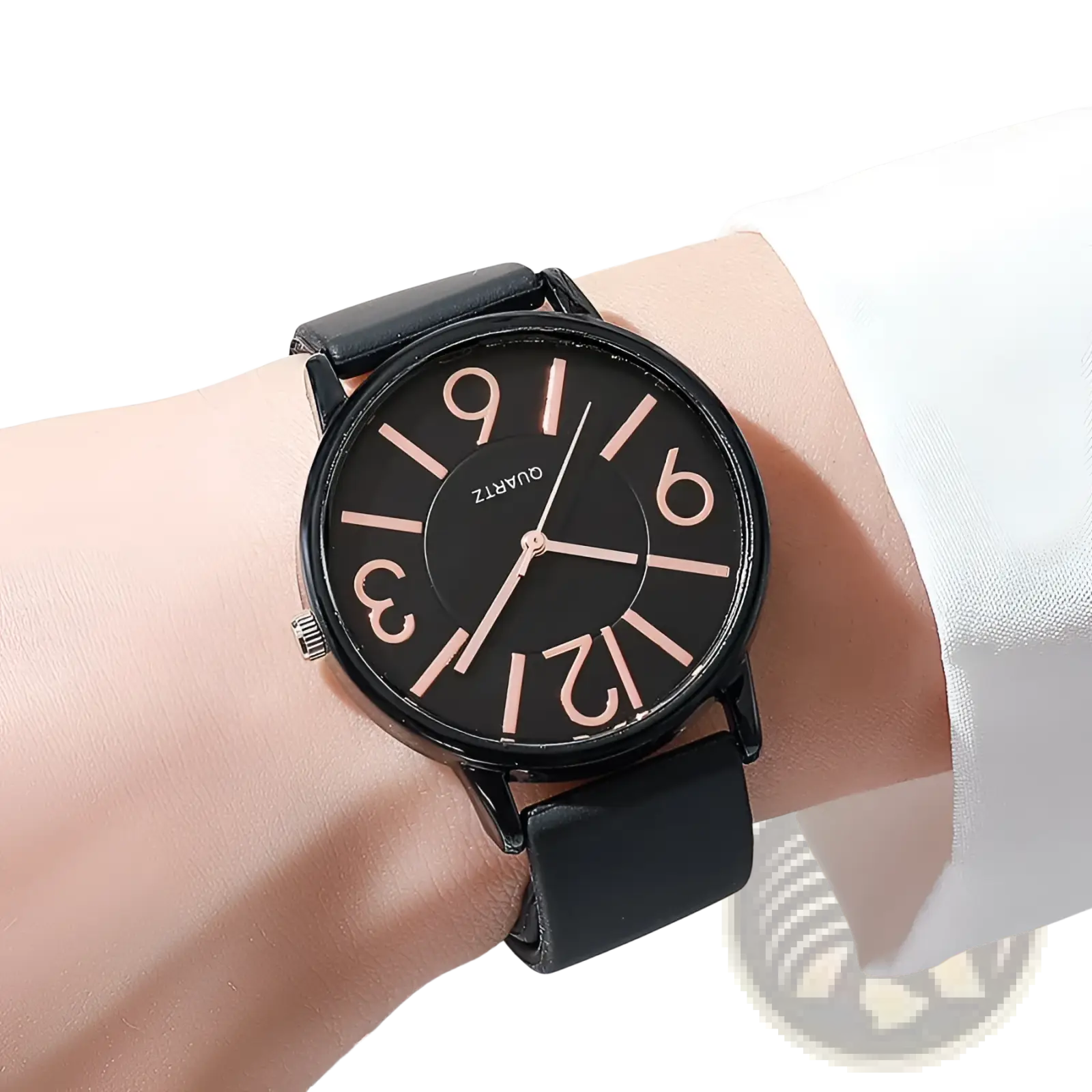 Women’s silicone quartz watch with a black leather strap black dial and rose gold-tone numerals casual minimalist design