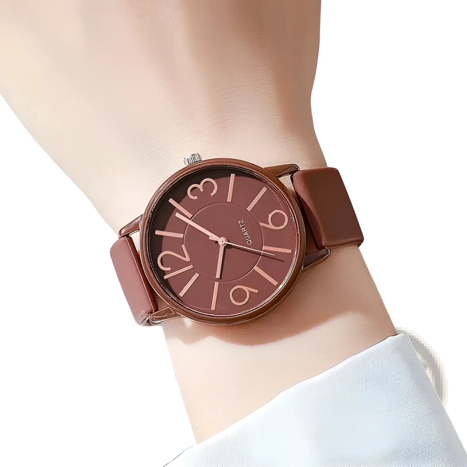 Women’s minimalist silicone quartz watch with brown leather strap matching brown dial and rose gold-tone numerals