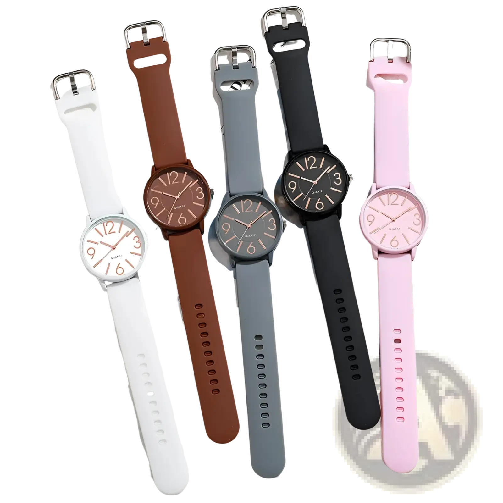 Women’s silicone quartz watch casual minimalist timepiece in white brown gray black and pink with analog display
