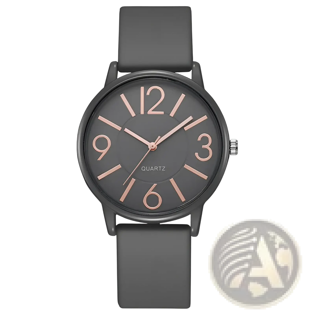 Women’s silicone quartz watch with black dial rose gold numerals and hands featuring a sleek silicone strap