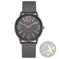 Women’s silicone quartz watch with black dial rose gold numerals and hands featuring a sleek silicone strap