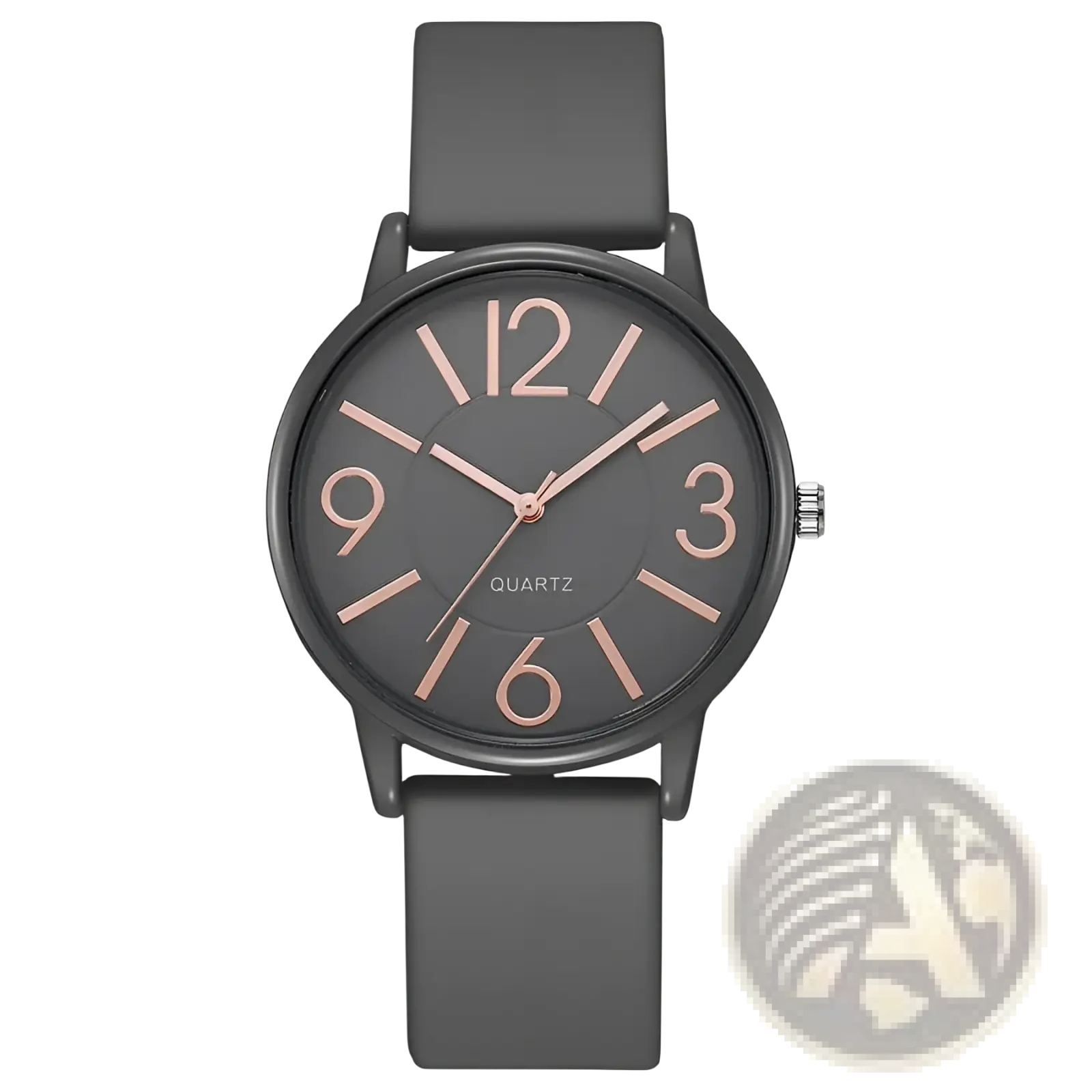 Women’s silicone quartz watch with black dial rose gold numerals and hands featuring a sleek silicone strap