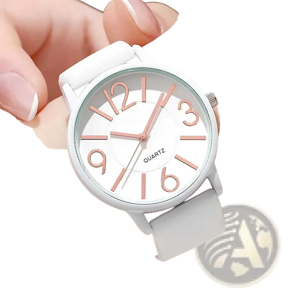 Women’s silicone quartz watch with white quartz face, rose gold numerals and hands, minimalist design on white strap